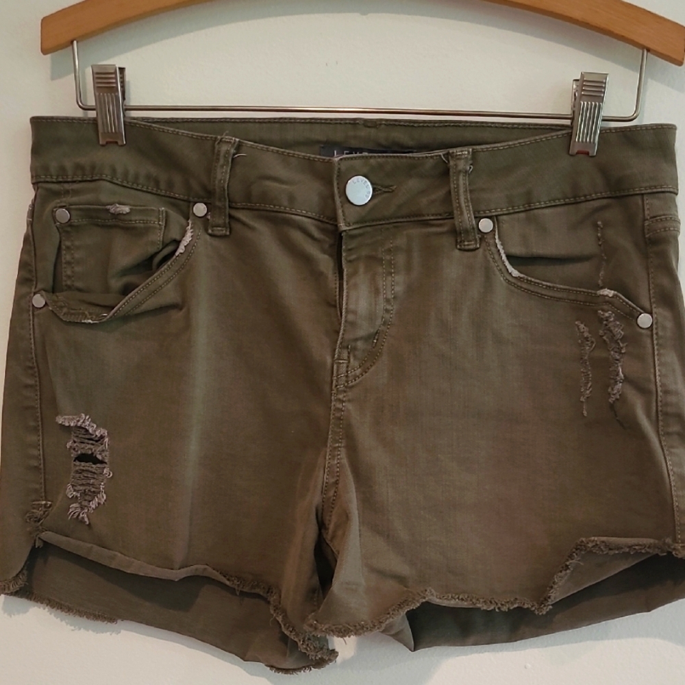 Level 99 Olive Distressed Jean Shorts